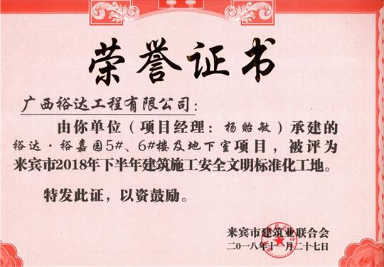 來賓市2018年下半年安全文明標(biāo)準(zhǔn)化工地（裕達。裕嘉園5#、6#樓及地下室）